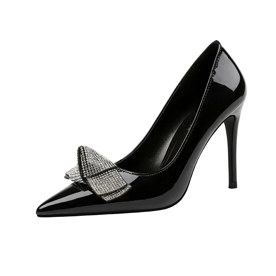 Black 10cm Женские туфли-лодочки из лакированной кожи в Звездном стиле; элегантные туфли с острым носком на тонком каблуке для выпускного бала; свадебные туфли на высоком каблуке с бантом-бабочкой - Цвет: Black 10cm