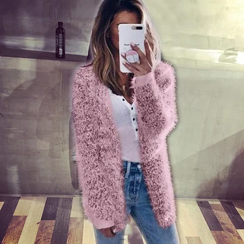 

Women's Knitted Sweaters Fluffy Shaggy Faux Fur Cardigan Solid Color Slim Long Winter Autumn Warm Outwears Sweaters