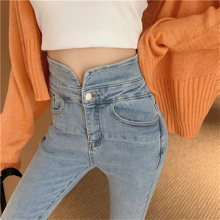 Реальная съемка Модные Высокая талия девять очков джинсы женский пояс для похудения высокого самосовершенствования облегающие Штаны