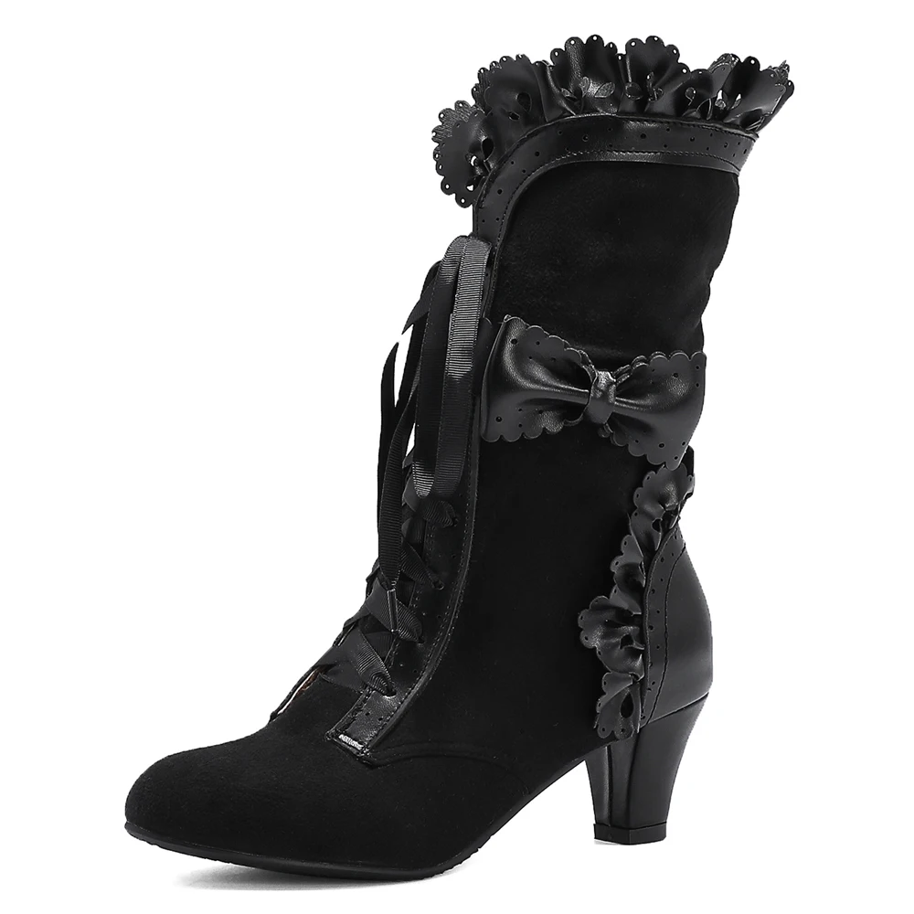 

Flock Bow Knot Cross Strap High-Heeled Mid-calf Boots Flower-Shaped Boot Side Color-Blocking Thick-Heeled Ladies Short Boots