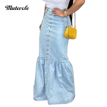 Mutevole, Повседневная Длинная джинсовая юбка на пуговицах спереди, женская сексуальная тонкая джинсовая юбка макси, модная Лоскутная юбка-Русалка и труба