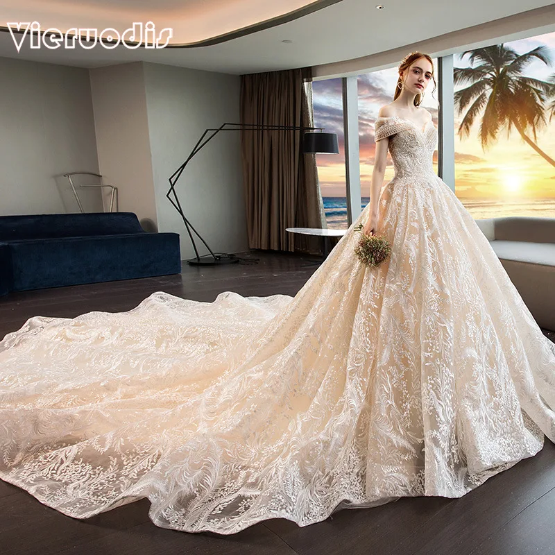 Новое кружевное свадебное платье с длинным шлейфом цвета шампанского и белым шлейфом винтажное роскошное свадебное платье на одно плечо с v-образным вырезом