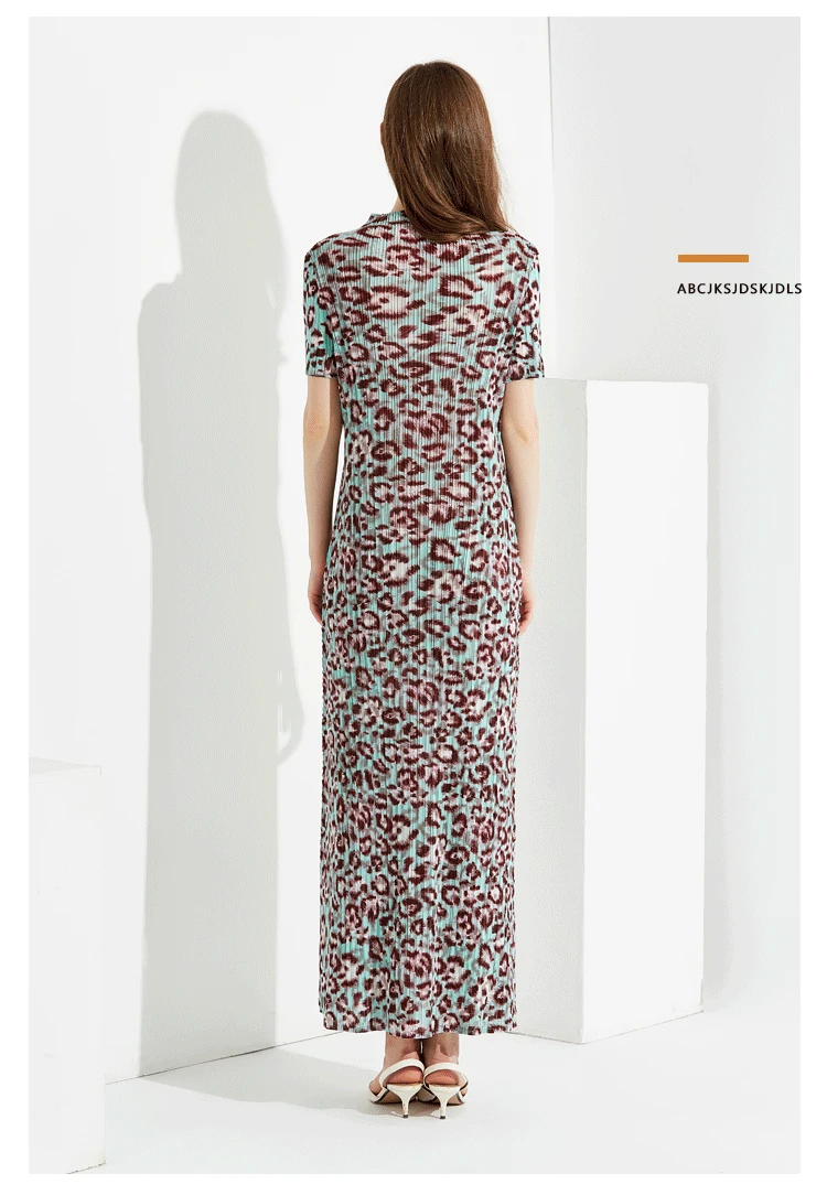 Summer new European and American fashion print dress long short sleeve half-high collar miyake pleated slim dress free shipping