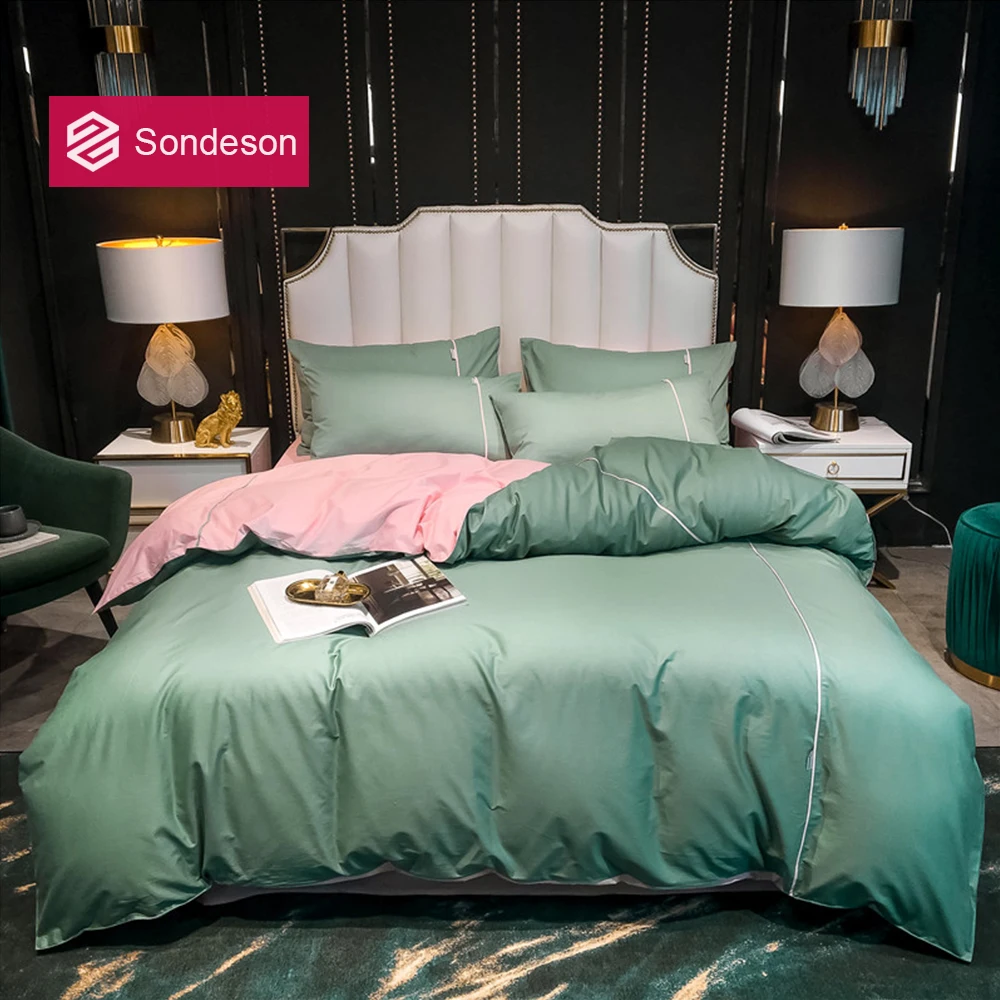 

Sondeson 100% Cotton Green Solid Color Bedding Set Printed Duvet Cover Pillowcase Flat Sheet Bed Linen For Home Bed Set 4PCS