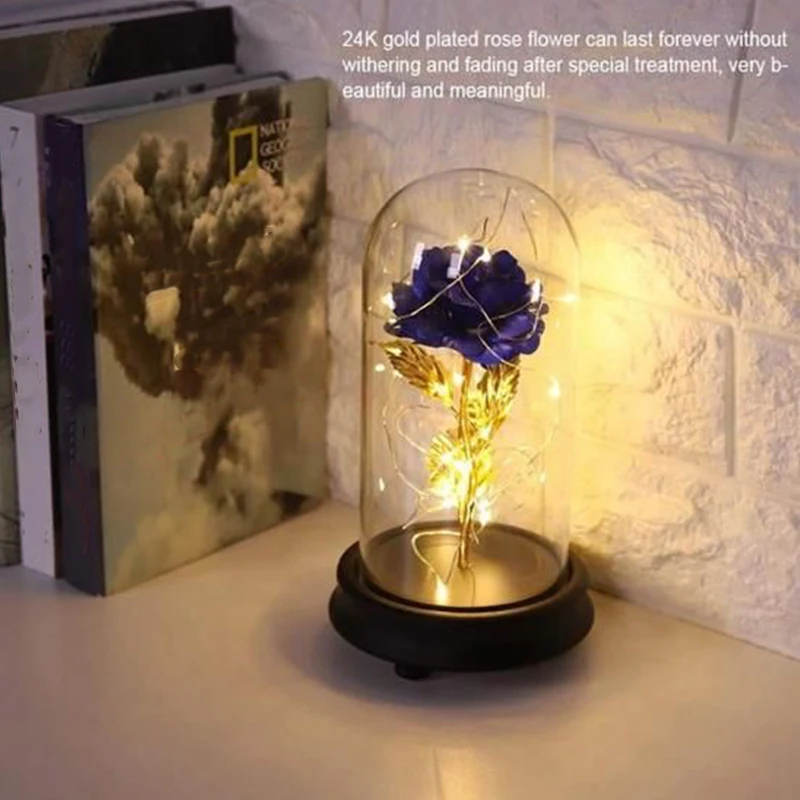 

New 4 Colors Red Rose Glass Dome Wooden Base For Valentine's Gifts LED Rose Flower Lamps Christmas Mother'S Day Gift