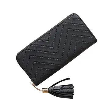 

Zipper PU Women’ s Fashion Trend Solid Color Lon g Fringed Leather Card Wallet travel business leisure banquet
