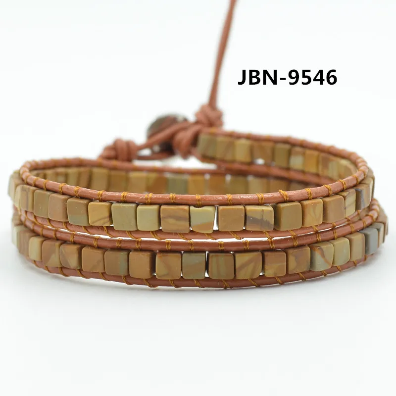Женский браслет Boho из натуральной кожи с квадратным камнем, браслет из бисера для мужчин, браслет для пары