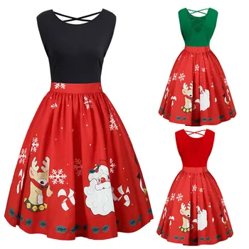 

Women Fashion Plus Size Christmas Print Sleeveless Criss Cross Black Party Swing Vintage Dress For Women Vestidos#45