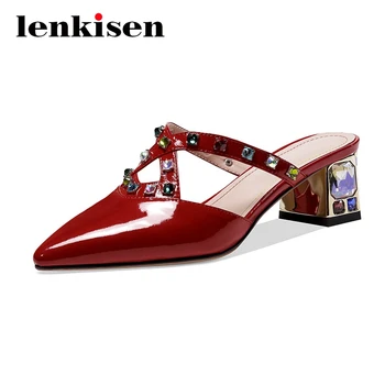 

Lenkisen rhinestone decorations vintage fashion streetwear pointed toe med square heel slip on mules slingback women pumps L91