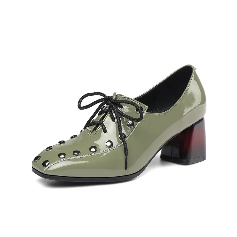 Light Army Green ASUMER/ Новое поступление; туфли-лодочки; женская обувь; лаковая кожа с заклепками; тонкие туфли; модельные туфли на квадратном каблуке со шнуровкой; женские офисные туфли - Цвет: Light Army Green