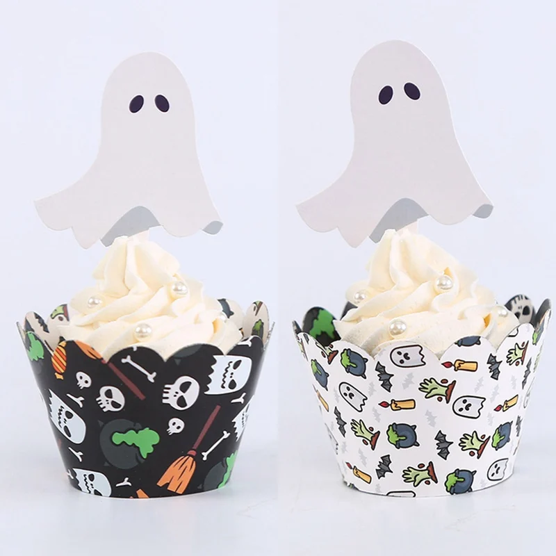 

24Pcs Halloween Theme Cake Insertion Cards Cake Edge Decorations Paper Cup Cake Decors For Birthday Halloween Party Supplies