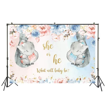 

Elephant Gender Reveal Backdrop Pink or Blue She or He Flowers Photo Background Baby Shower Dessert Table Decorations SM-779