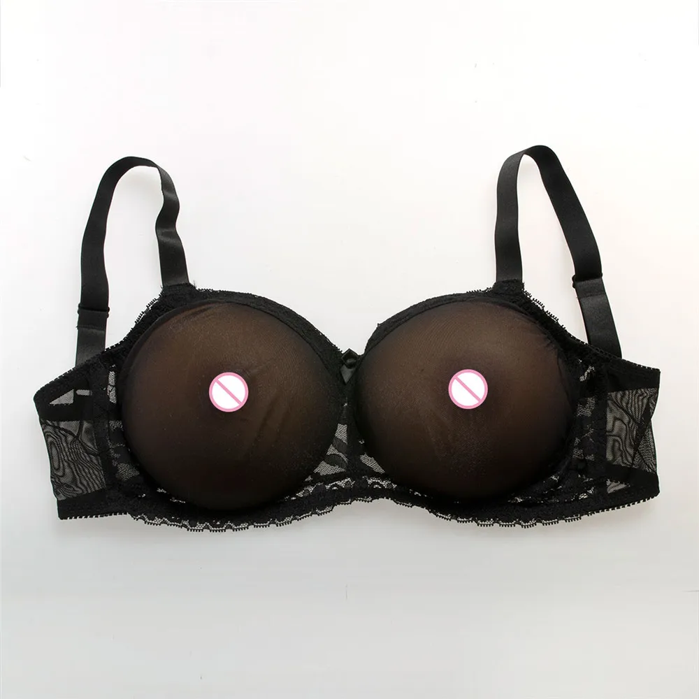 1000g/pair Brown Silicone Breast Form+Sexy Black Transparent Lace Pocket Bra) Crossdresser Silicone Tits Boobs With Bra Set
