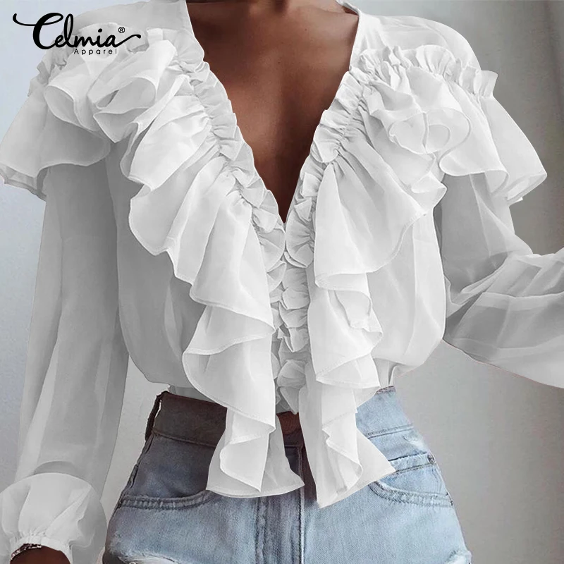 

Fashion Plus Size S-5XL Women Blouse Celmia Ruffles Patchwork Office OL Deep V-Neck Soild Long Sleeve Top Shirt Casual Blusas 7