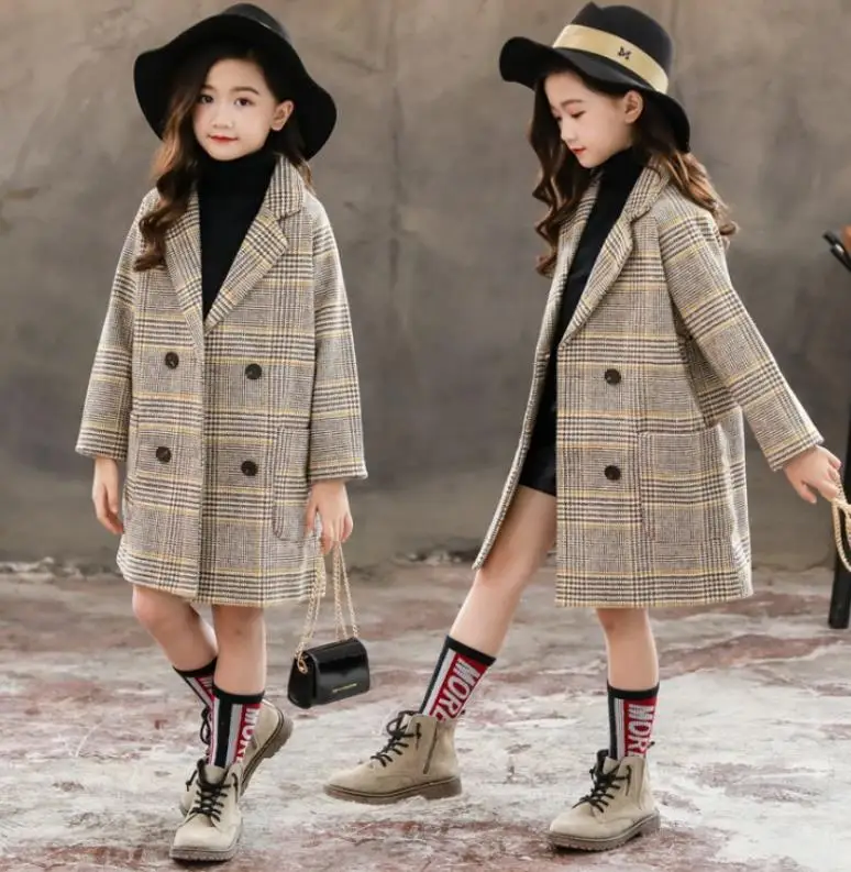 Зимние хлопковые длинные куртки для девочек; детская верхняя одежда; повседневное шерстяное пальто в клетку с отложным воротником