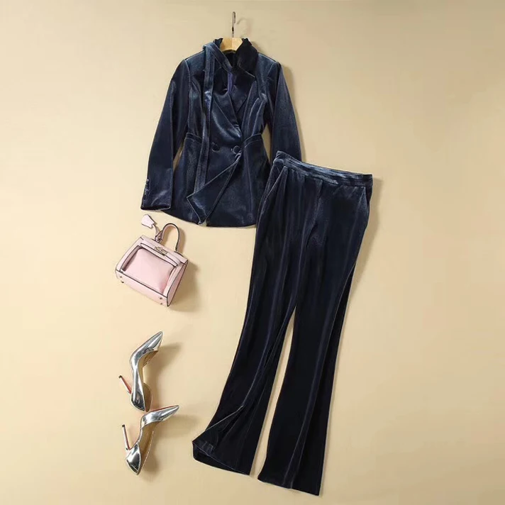 Брендовый дизайнерский осенне-зимний двубортный бархатный комплект с блейзером, женский костюм с отложным воротником из 2 предметов+ офисные женские широкие брюки, комплект