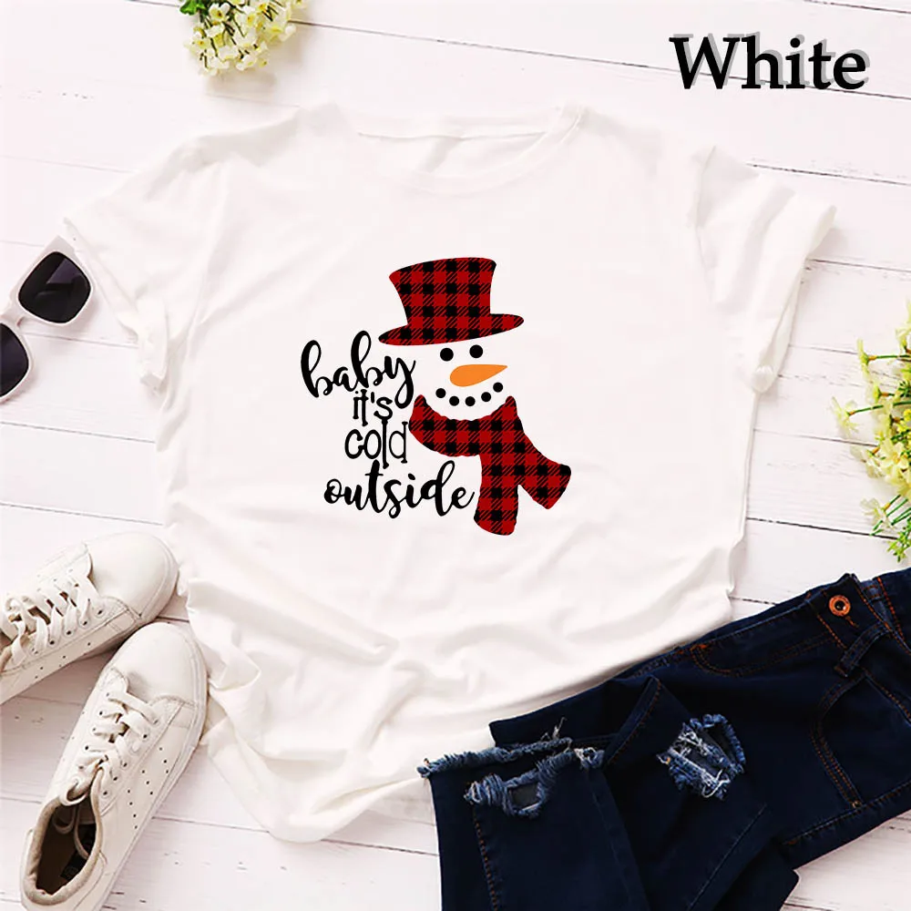 White 2QIMU женские хлопковые рубашки с принтом снеговика, милая повседневная одежда с короткими рукавами в стиле Харадзюку для подростков, женские топы - Цвет: White