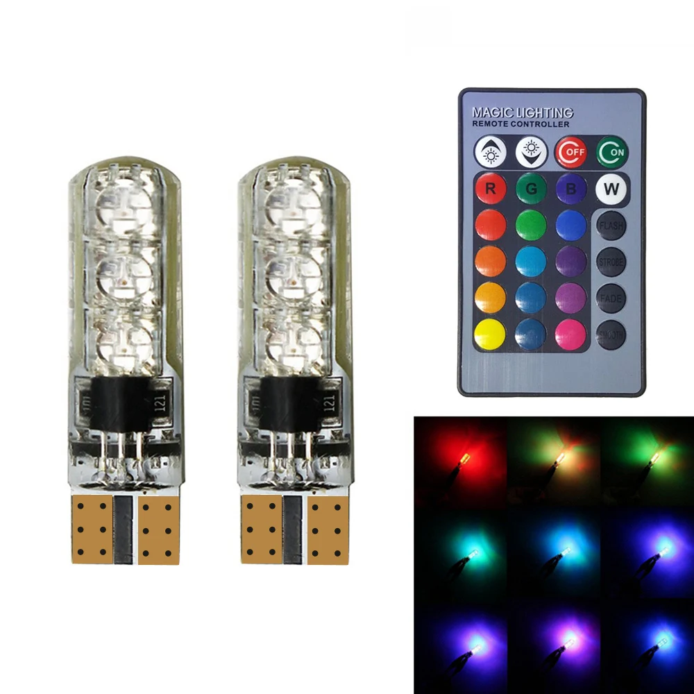 2 шт. 5050 SMD RGB T10 194 168 W5W автомобильный купольный свет для чтения автомобилей клиновидная лампа RGB светодиодный лампочка с пультом дистанционного управления вспышка/стробоскоп
