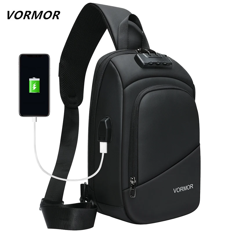 VORMOR New Anti-theft Chest Bag Men USB Charging Shoulder Messenger Bags Water Repellent Male Crossbody Bag Pack