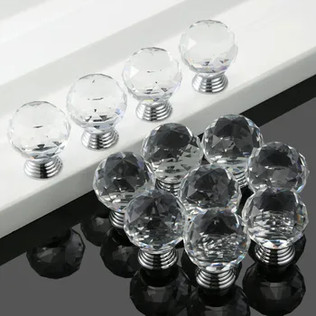 1set ClearBlack Diamond handle Crystal Glass ball knob 30mm White furniture parts hardware kitchen Cabinet Drawer Pull screws