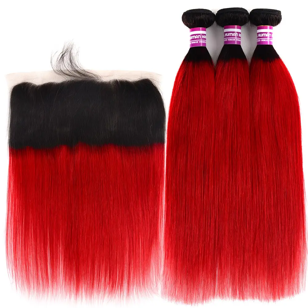 

Salonchat Ombre Red Brazilian Straight Hair 3/4 Bundles With Frontal Remy Human Hair Extension Colored Roots Bundles With Closur