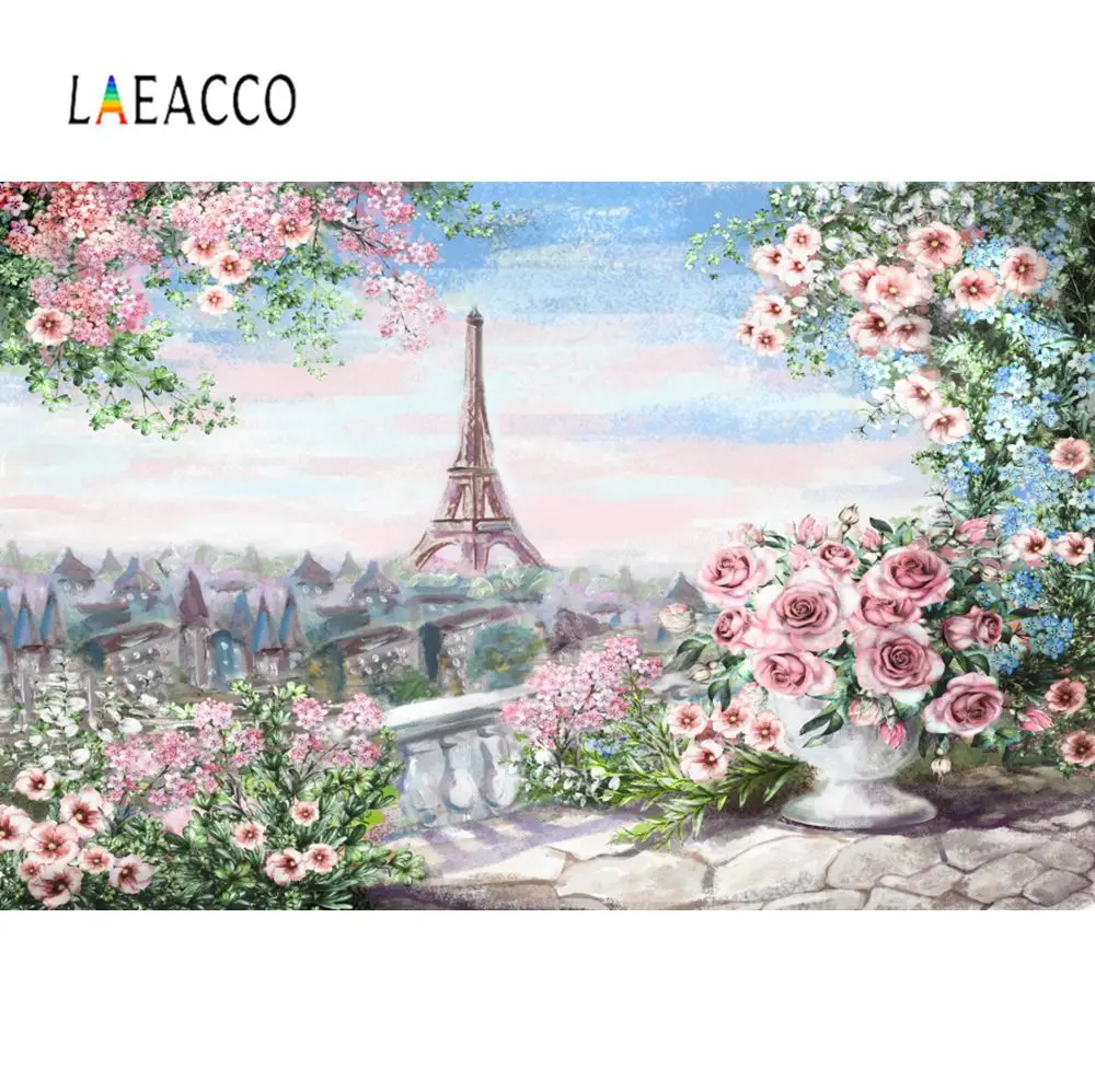 Laeacco Фото фоны Эйфелева башня Картина маслом акварель цветок обои узор фото