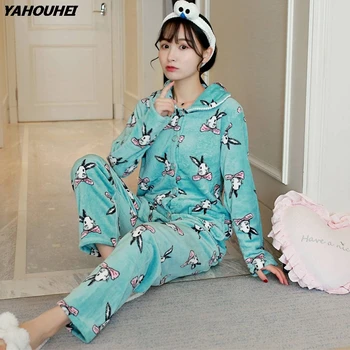 

2019 Winter Women Thick Warm Flannel Cardigan Pajamas Sets Long Sleeve Print Coral Velvet Pyjama Pijama Mujer Sleepwear Homewear