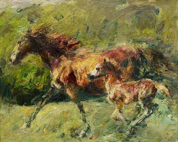 

Original impressionist art hand-painted oil painting on canvas: animal horse mother and foal in artist's pen