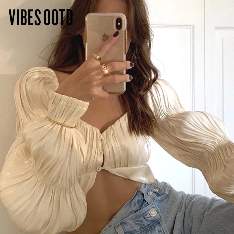 

VIBESOOTD Lantern Sleeve Ruched Top and Blouse Shirts 2021 Off Shoulder Fashion Button Sexy Women Tops Shirt Blouses Elegant