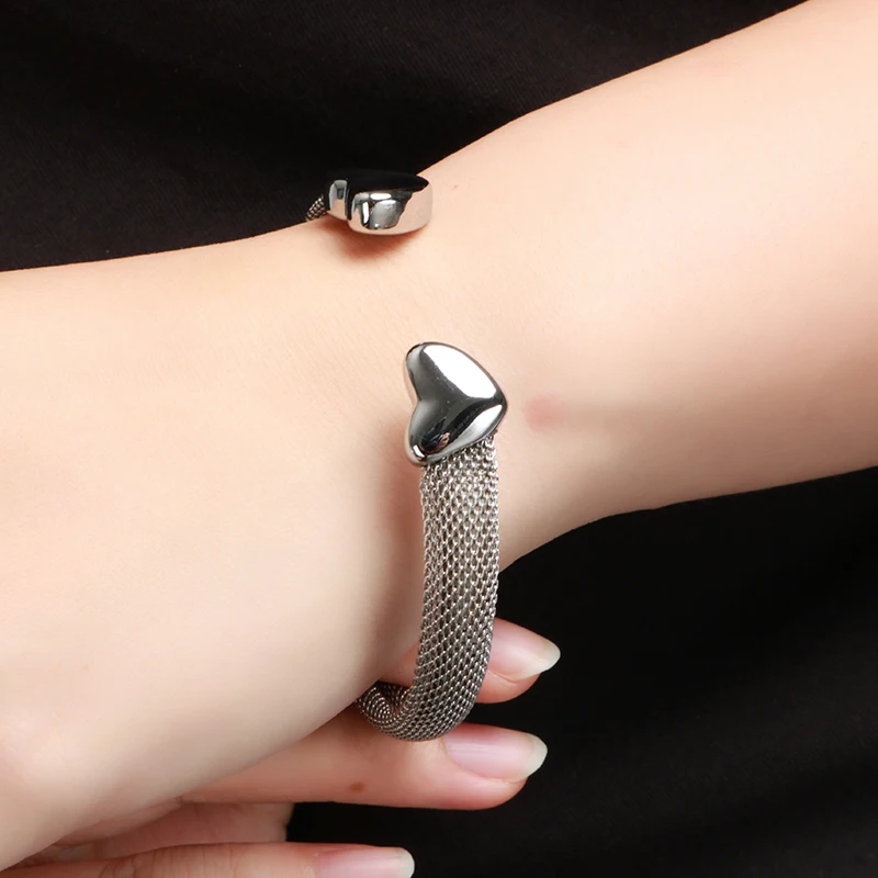 Vintage Stainless Steel Heart Cuff Bracelets Bangles Mesh Bracelets Bangles For Men Women Fashion Jewelry 6