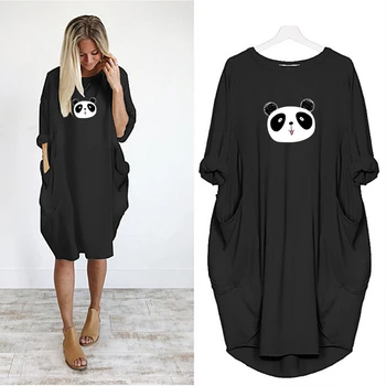 

2019 Dress Women Printing Cute Panda Pocket Loose Dress Vintage Fall Clothes Party Casual Plus Size 5XL Dresses Women Dresses