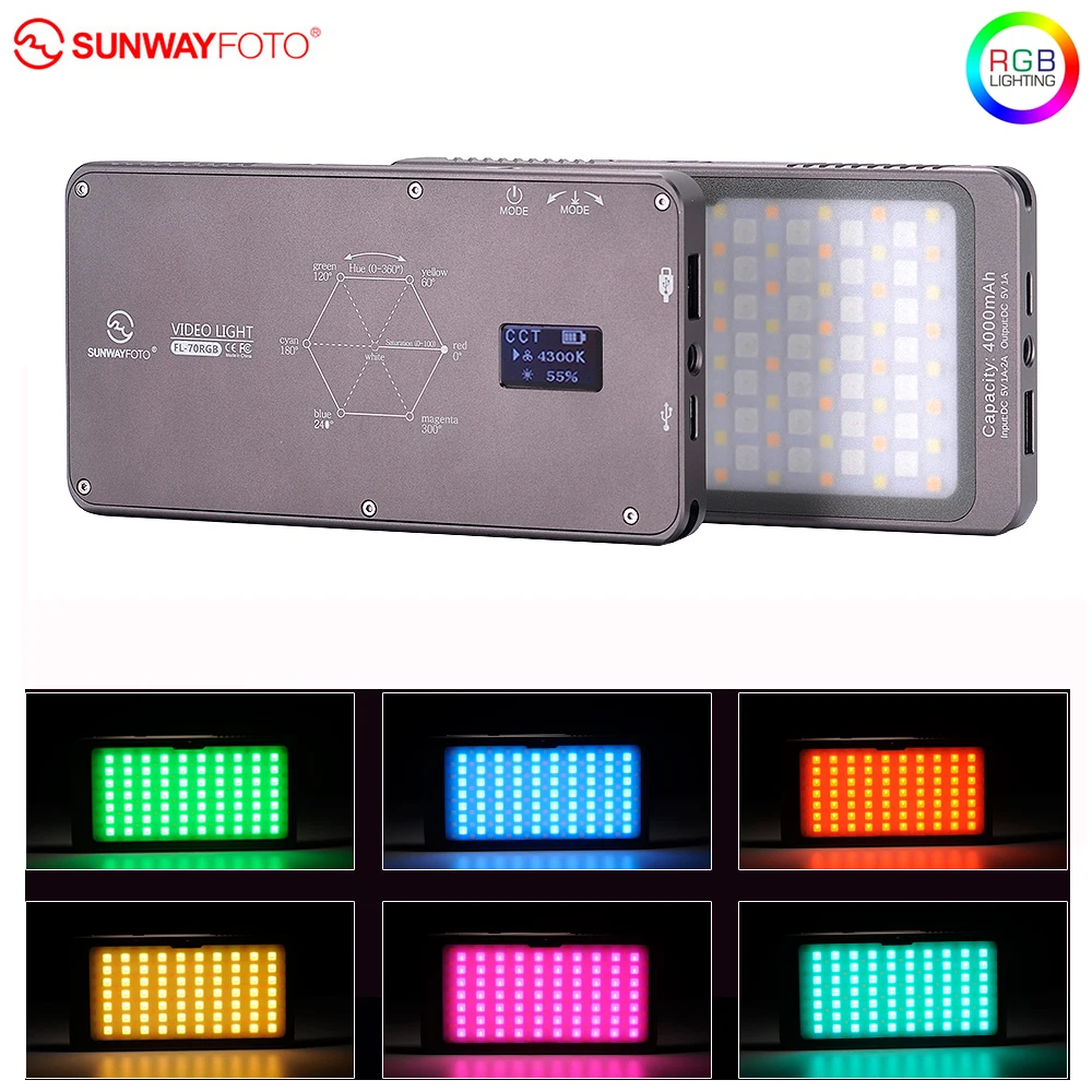 

Sunwayfoto FL-70 RGB Led Video Light 2600K-6000K Full Color 9 Scene Effects with 4000mAh Battery for Studio Outdoor Photography