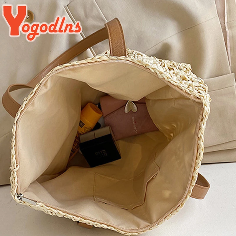 Yogodlns Summer Hollow Out Straw Bag Women Large Capacity Shoulder Bag Handmade Weave Totes Bag Travel Beach Bag Shopping Pouch