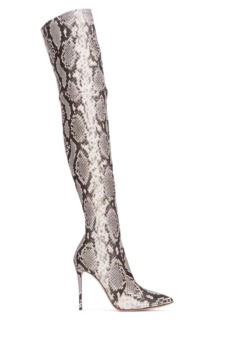Женские ботфорты выше колена; эластичные пикантные зимние облегающие высокие сапоги до бедра на высоком каблуке с острым носком на молнии; цвет черный, серый, винно-красный; - Цвет: beige snake