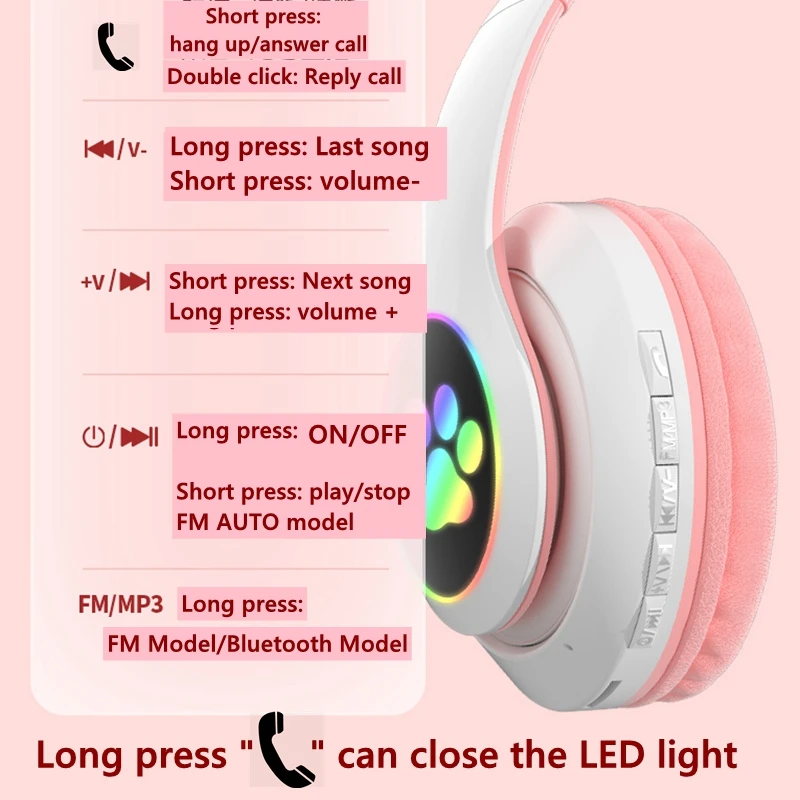 Glowing Light Cute Cat Bluetooth Kid Headphone with Mic Can Close LED Girls Music Bass Helmet Phone Tablet Wireless Headset Gift