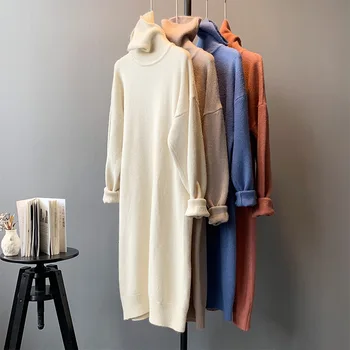 

2019 New Autumn Winter All-match Basic Women Sweater High Collar Pullovers Knitted Dress Solid Color Long Sleeve Female Sweaters