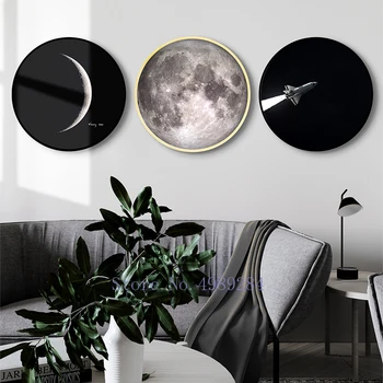 

modern Art paintings Background wall Wall hanging Photo frame Picture frame Round Living room decoration Space Moon universe