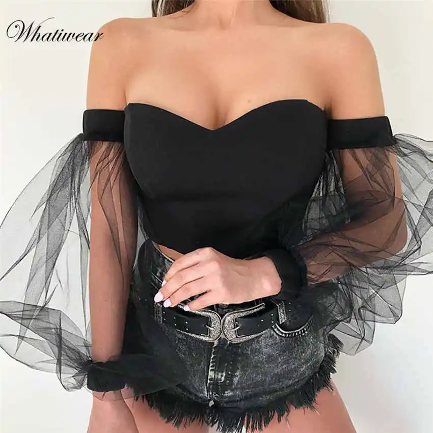 Whatiwear Летняя женская сексуальная блуза с пышными рукавами и открытыми плечами, Сетчатая футболка, уличная одежда кроп-топ, женская блуза - Цвет: Black