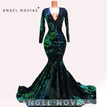 Long Sleeves Formal V Neck Green Sequin Lace Arabic Abendkleider Evening Dress Robe De Soiree Longue