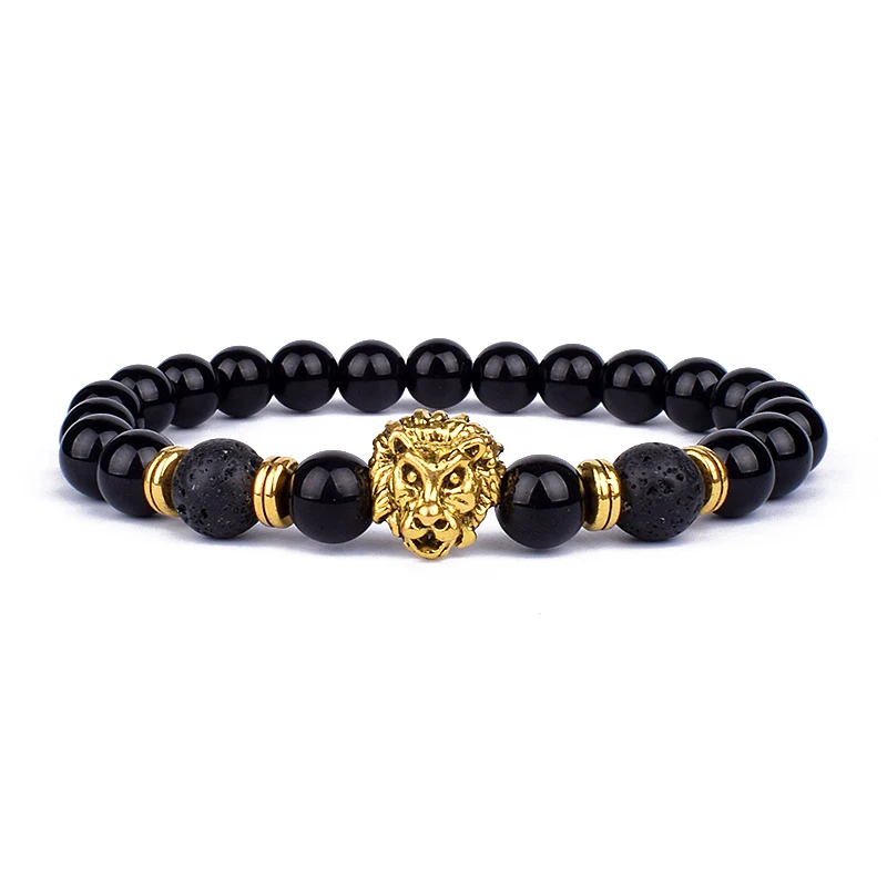 Fashion Obsidian Lion Head Charm Bracelets Men Lava Stone Zircon Prism Bracelets & Bangles For Women Friendship Jewelry Gift