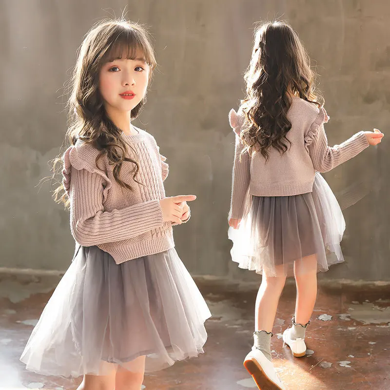 Girl Sweater Mesh Dress 2019 New Autumn Winter Dresses Children Clothing Princess Design 4-12Y | Детская одежда и обувь