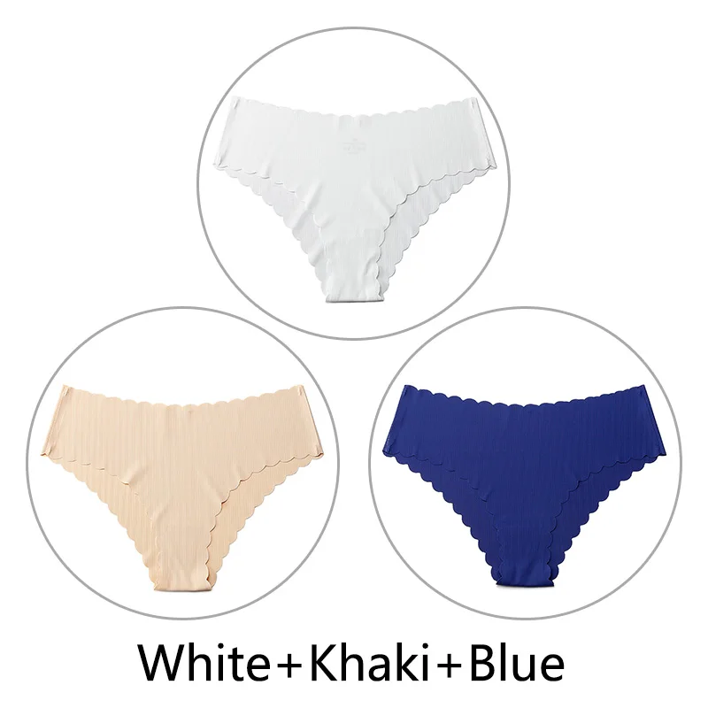 White Khaki Blue 3 шт./партия, сексуальные бесшовные трусики с оборками для женщин, полосатые трусы с низкой посадкой, цельное нижнее белье, женское нижнее белье, американский размер xs-l - Цвет: White Khaki Blue