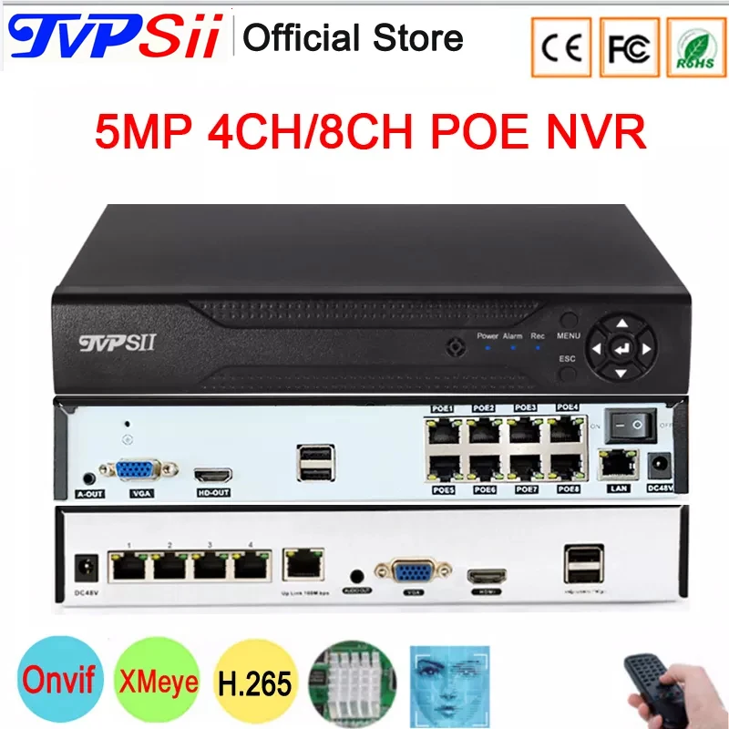 8CH POE NVR 5MP H.265 Network Video Recorder Audio Onvif P2P Remote View HDMI 