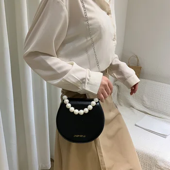 

Semicircle PU Leather Crossbody Bag For Women Solid Color Shoulder Tote Fashion Pearl Handle Chain Bag Female Shoulder Bag