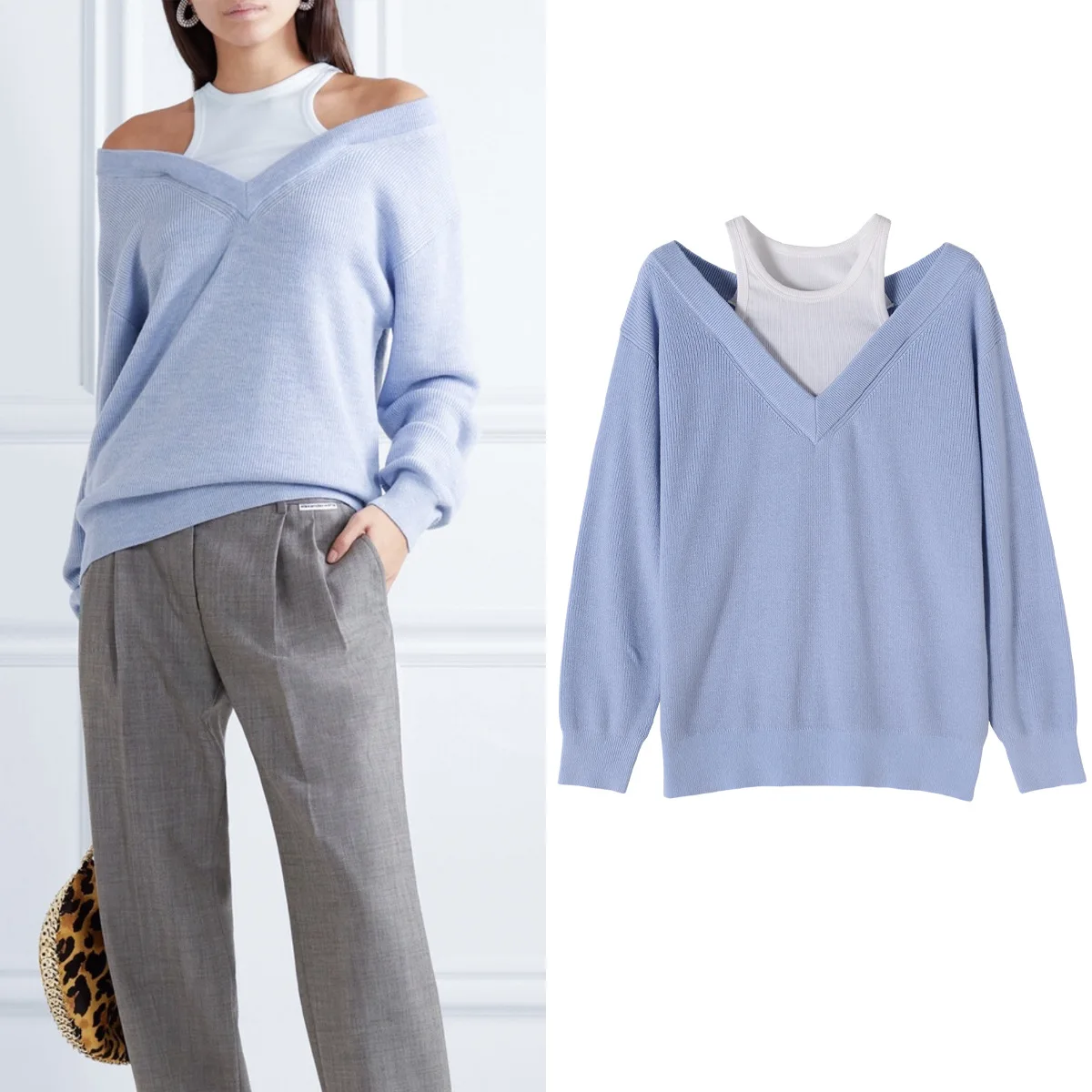 

2020 Spring Fake Two Knitwear Women's Loose Pullover Off Shoulder Sweater Women's Blue Sweater A2