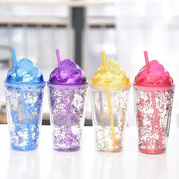 

New 1PC Fashion Sequins 2-Layer Ice Cream Cap Drinking Bottle Cup Kettle with Straw