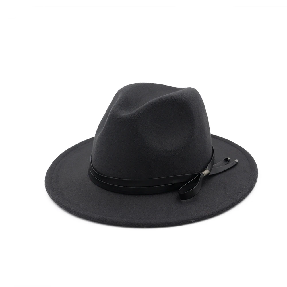 Мужская и Женская шерстяная шляпа Fedora с кожаным поясом широкий джазования с полями шляпа элегантная женская чародейная церковная джазовая шляпа размер 56-58 см - Цвет: Dark Gray