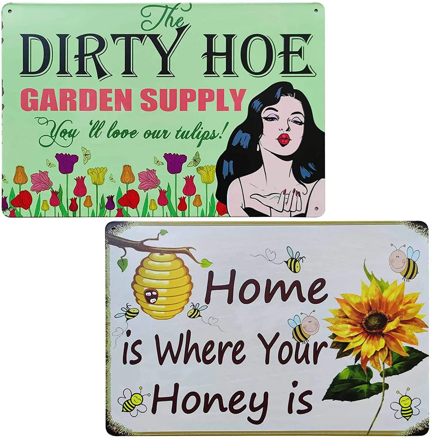 

TISOSO The Dirty Hoe Garden Supply & Bee Happy Vintage Sunflower Metal Sign Garden Decorative Plaque Farmhouse Country