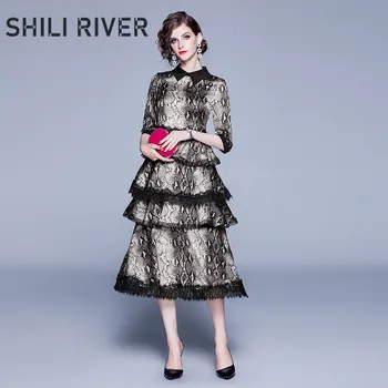 

New spring autumn lace long dress for women a line half sleeve slim casual elegant pleated vintage snake dress with collar