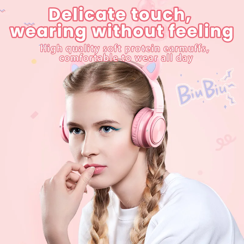 Kids wireless bluetooth headset music stereo noise canceling headphone LED luminous cat ear girl daughter gift with microphone